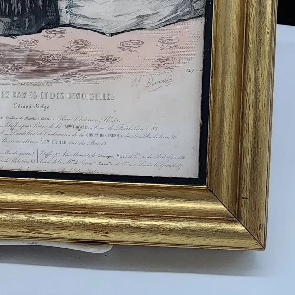 Antique Gilt Wood Picture Frame 1800's Paris Fashion Lithograph 8x10 Belge - Picture 6 of 12